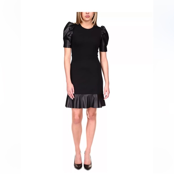 NWT Michael Kors Faux-leather puff sleeves ruffle dress. - Picture 2 of 5